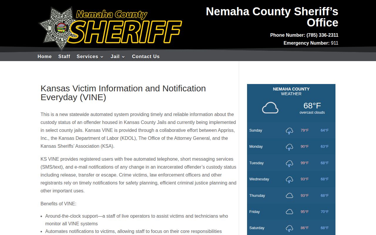 Nemaha County jail booking release notification information