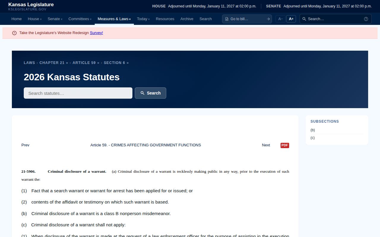 Nemaha County warrant record law on the official Kansas Legislature site
